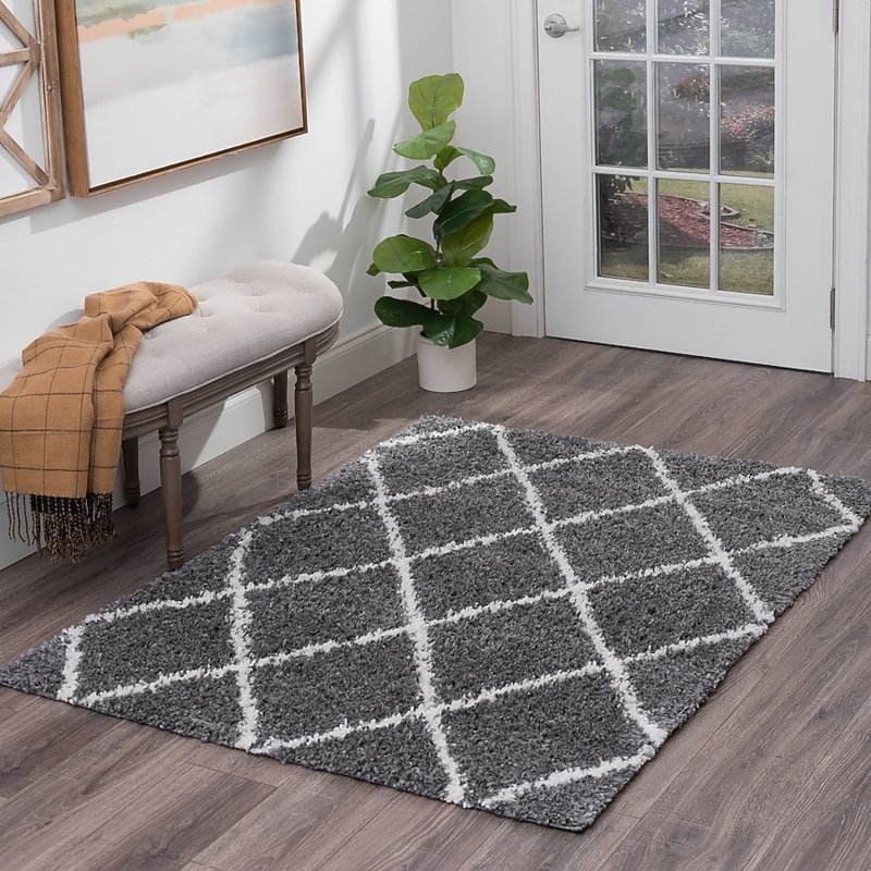 Shag Area Rug, Cozy Gray Trellis Geometric High Pile, Scandi Style