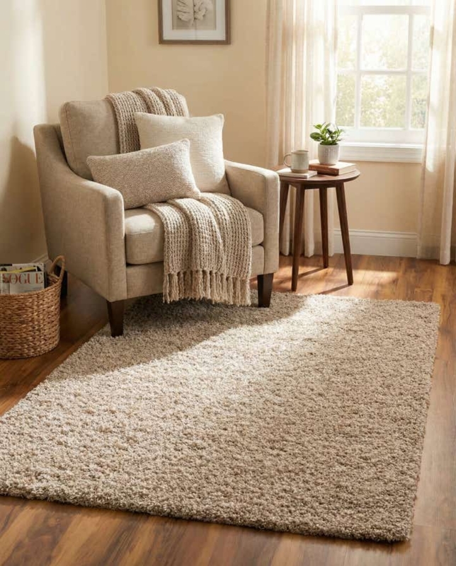 Shag Area Rug, High Pile Taupe Plush Texture, Modern Organic Neutral