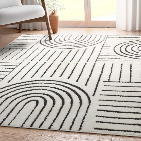 Shag Area Rug Ivory Black Striped High Low Pile Bohemian Scandi Decor