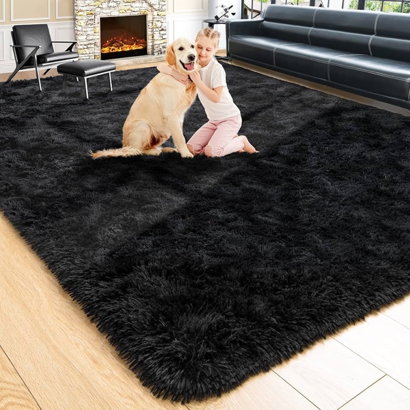 Shag Area Rug Modern Black Deep Pile High Contrast Anchor Plush