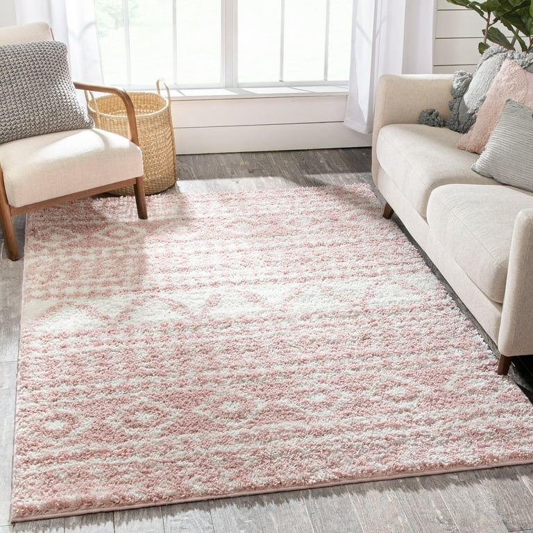 Shag Area Rug Pink Diamond Geometric Pattern High Pile Moroccan Tribal