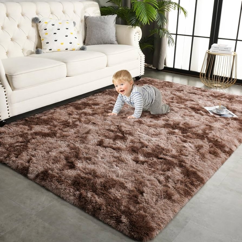 Shag Area Rug Tie-Dye Pattern Brown and White Plush Bohemian
