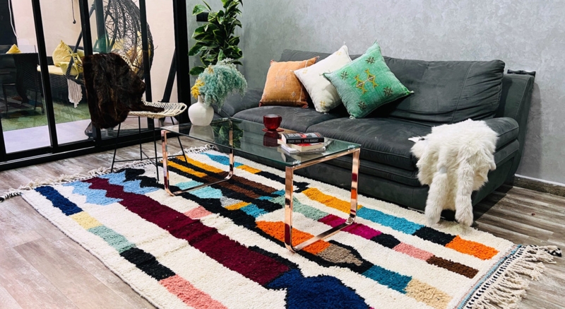 Shag Area Rug With Colorful Fringe Cream Diamond Lattice Boho