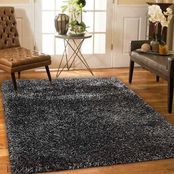 Shag Rug Silver Black Mix Variegated High Pile Plush Modern Decor