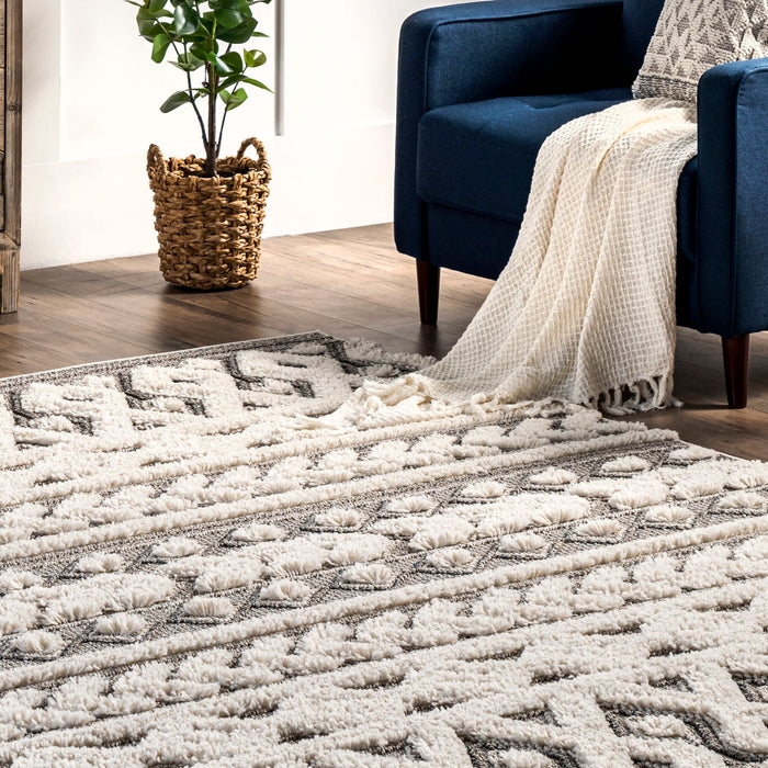 Shaggy Area Rug Geometric Lattice High Low Pile Bohemian Living Room