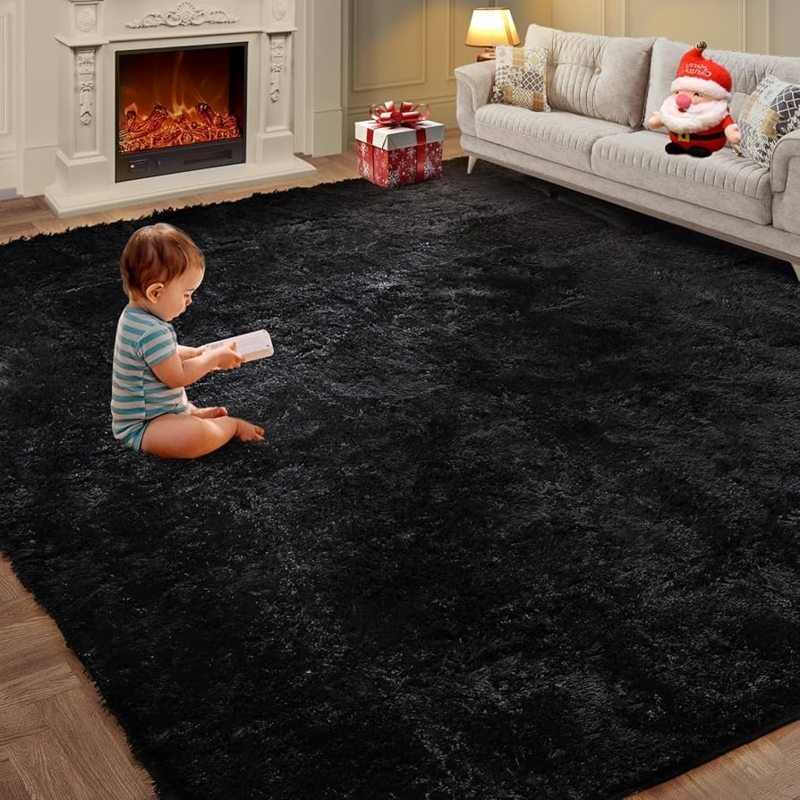 Shaggy Area Rug Plush Surface High Pile High Contrast Styling Dark