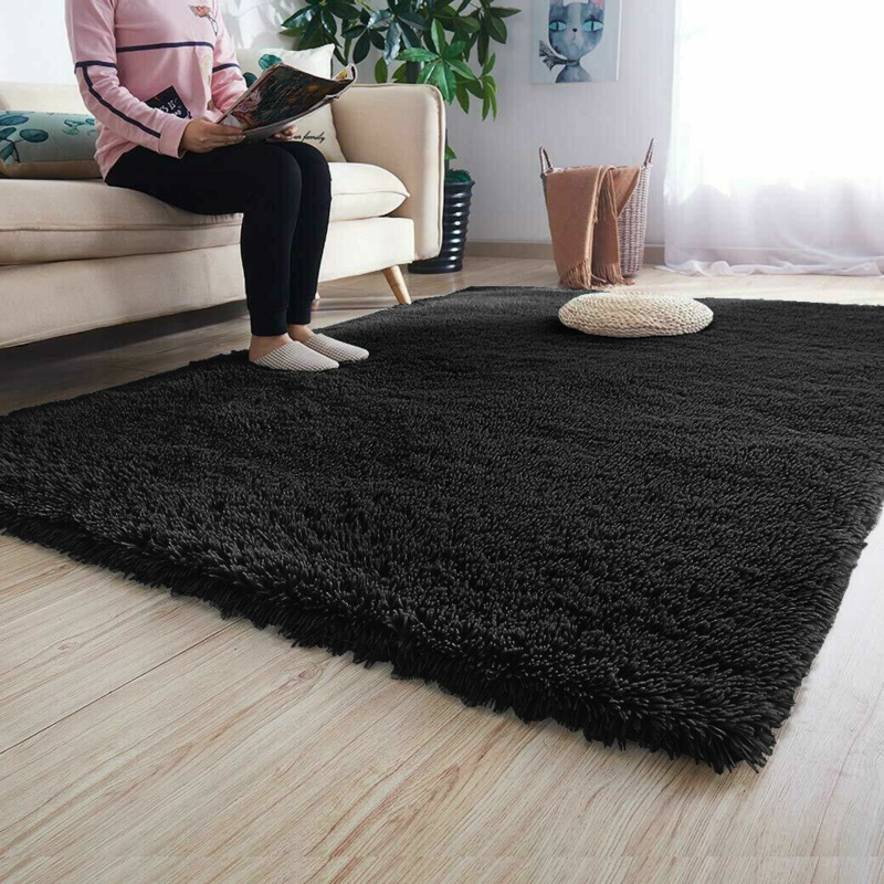 Shaggy Area Rug Ultra Plush Black High Contrast Palette Minimalist