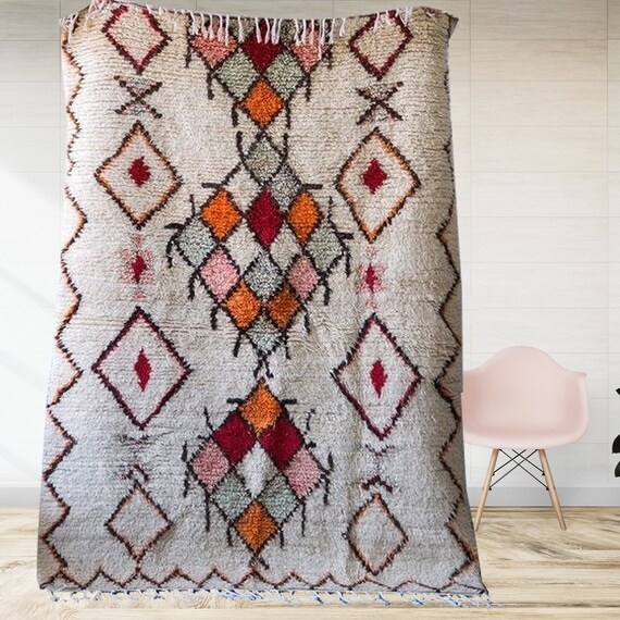 Shaggy Moroccan Area Rug Wool Like Diamond Pattern Cream Black