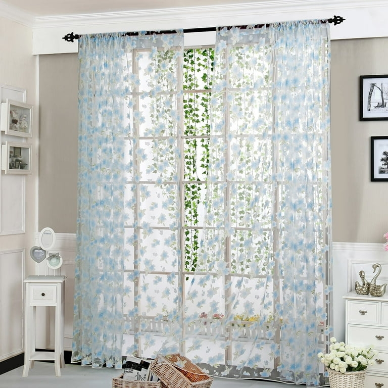Sheer Curtain Butterfly Accents Soft Blue Voile Floral Print