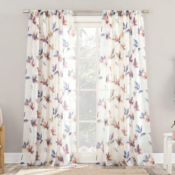 Sheer Curtain Floral Print Crushed Texture Rod Pocket Colorful Decor