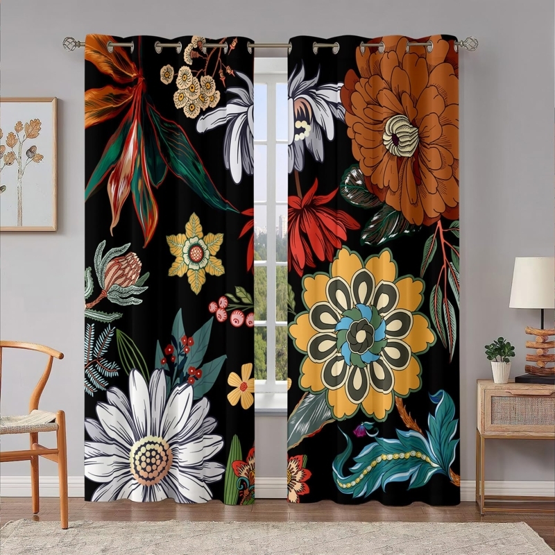 Sheer Curtain Panel Boho Grommet Top with Multicolored Wildflower Print