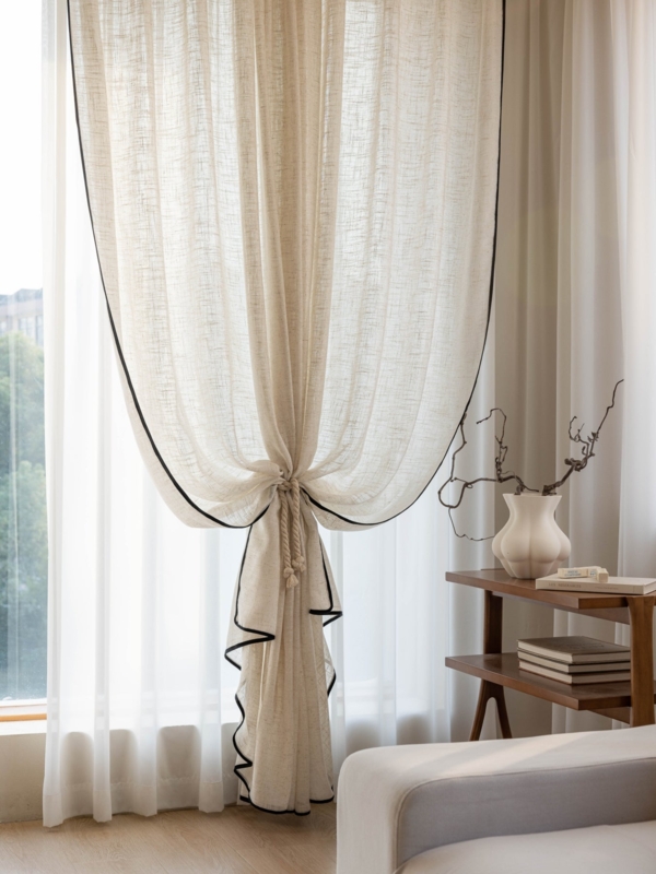Sheer Curtains Contrast Trim Cream Linen Texture Modern Living Room Decor