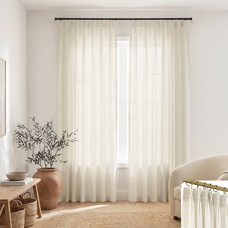 Sheer Curtains Custom Length Linen, Minimalist Pinch Pleat Linen Drapes.