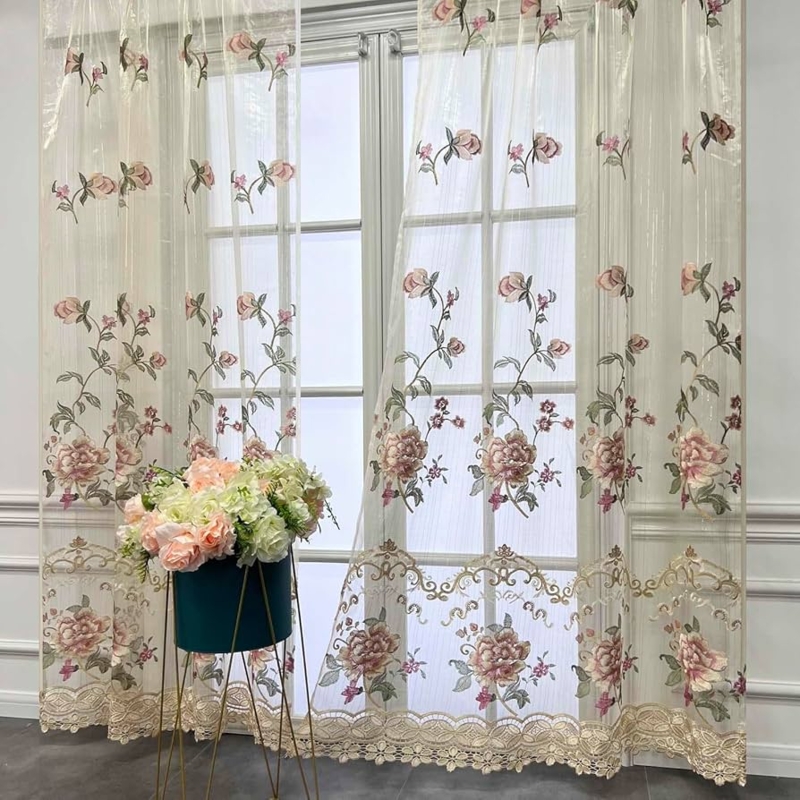 Sheer Curtains Gold Floral Embroidery Elegant Living Room Drapes