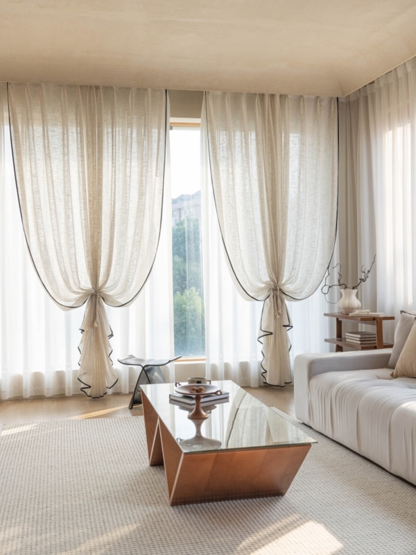 Sheer Curtains Linen Like with Black Trim Minimalist Window Treatment