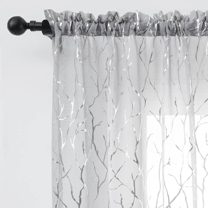 Sheer Curtains Metallic Foil Branch Pattern Rod Pocket Shimmering