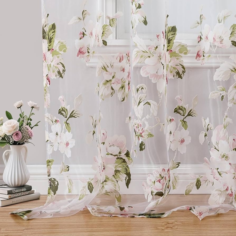 Sheer Curtains Watercolor Floral Print Grommet Top Blush Pink