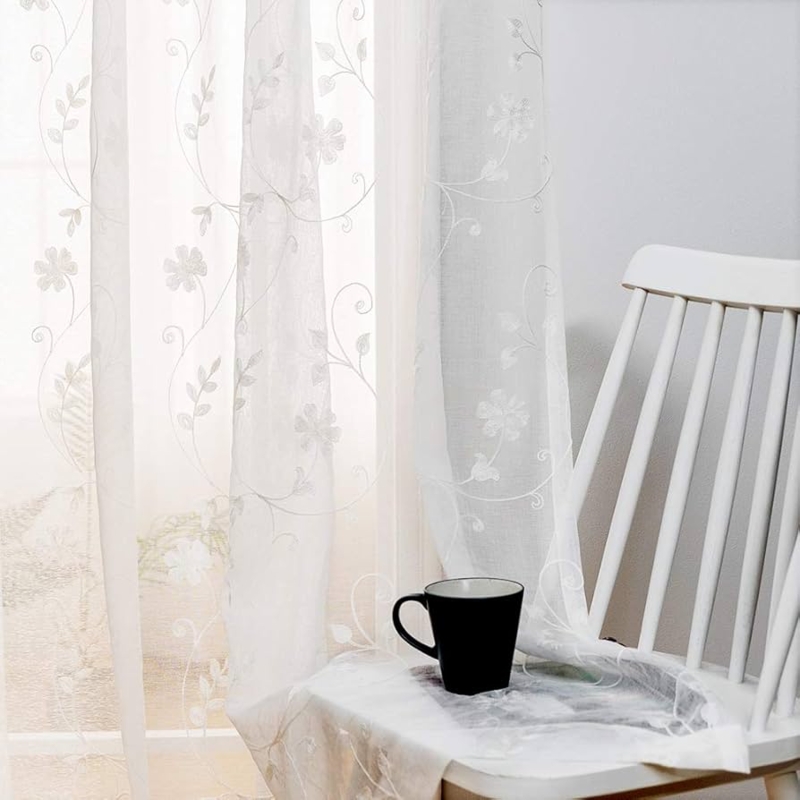 Sheer Curtains White Crinkle Voile Semi-Sheer Panels Floral