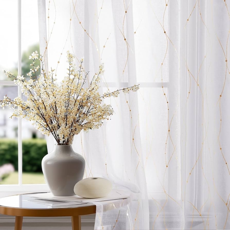 Sheer Curtains White Metallic Foil Dot Print Grommet Top Panels (69 chars)
