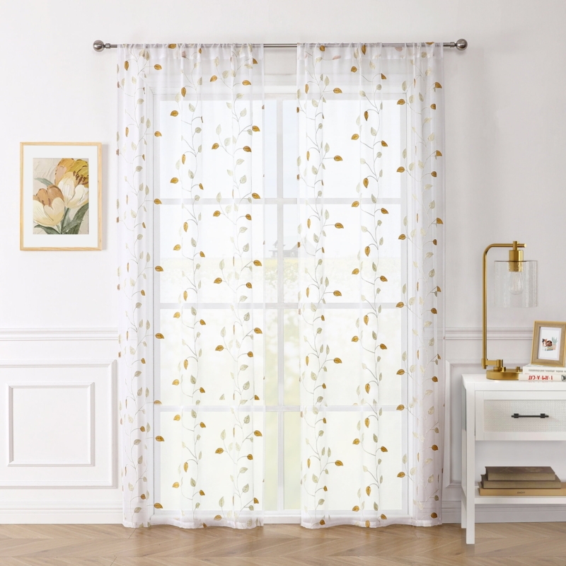Sheer Curtains White Metallic Thread Embroidered Curtains Leaf Motif