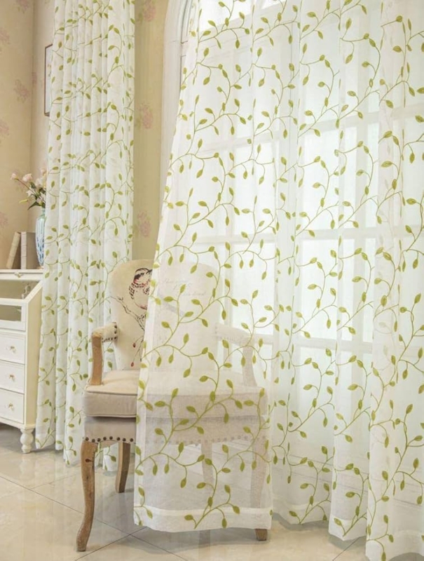 Sheer Curtains with Embroidered Leaf Pattern Rod Pocket