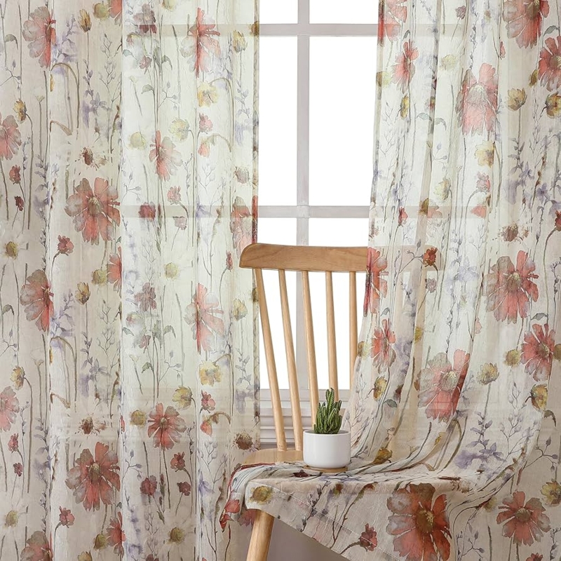 Sheer Drapes Orange Poppy Print Crushed Finish Airy