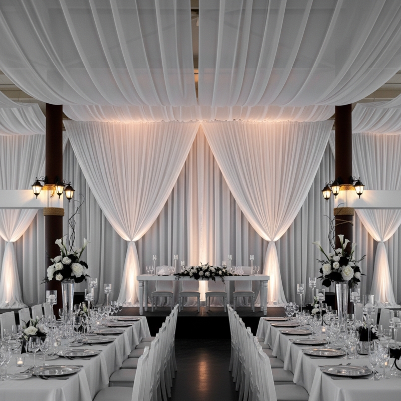Sheer Voile Ceiling Drapes with Floor Pooling Hem