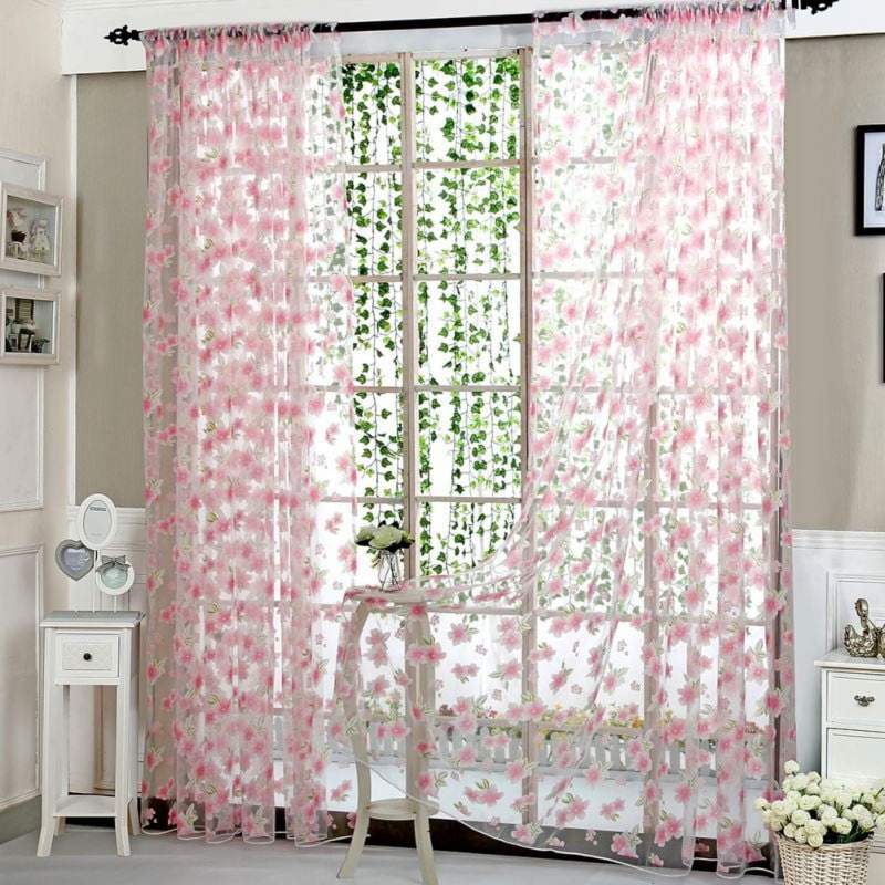 Sheer Voile Curtains Oversized Floral Print Pink White Airy