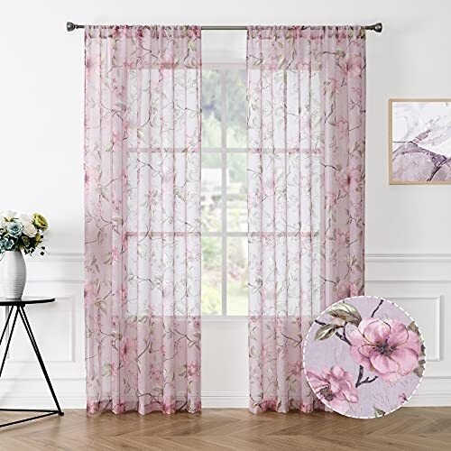 Sheer Voile Curtains Pink Floral Print Rod Pocket Shabby Chic Bedroom Drapes
