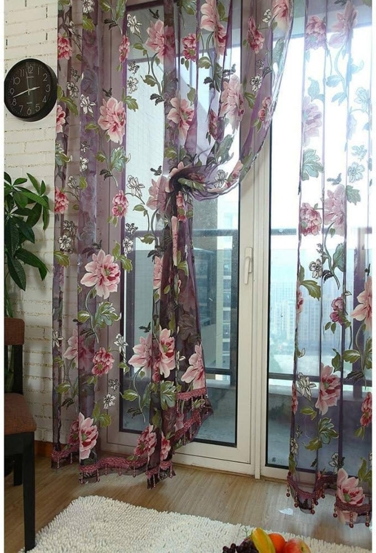 Sheer Window Panels Peony Rose Pattern Coffee Tone Lace Vintage