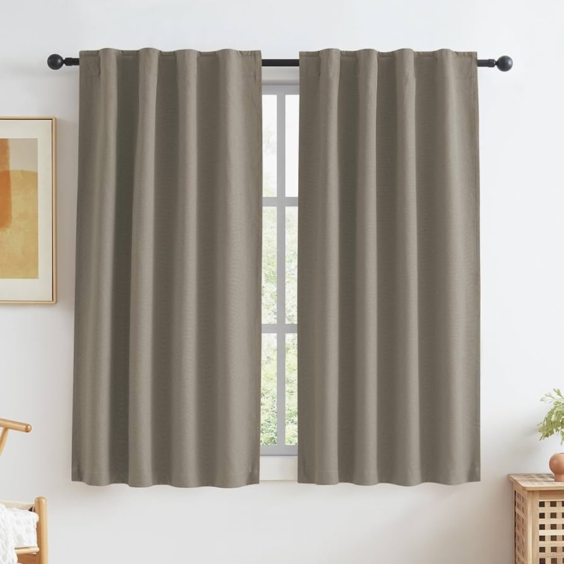 Short Length Curtains Taupe Faux Linen Blackout Bedroom Window