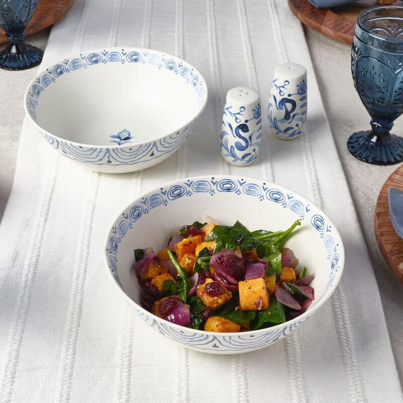 Sicily Style Serving Bowls with Bird Shakers and Blue Lemon Pattern