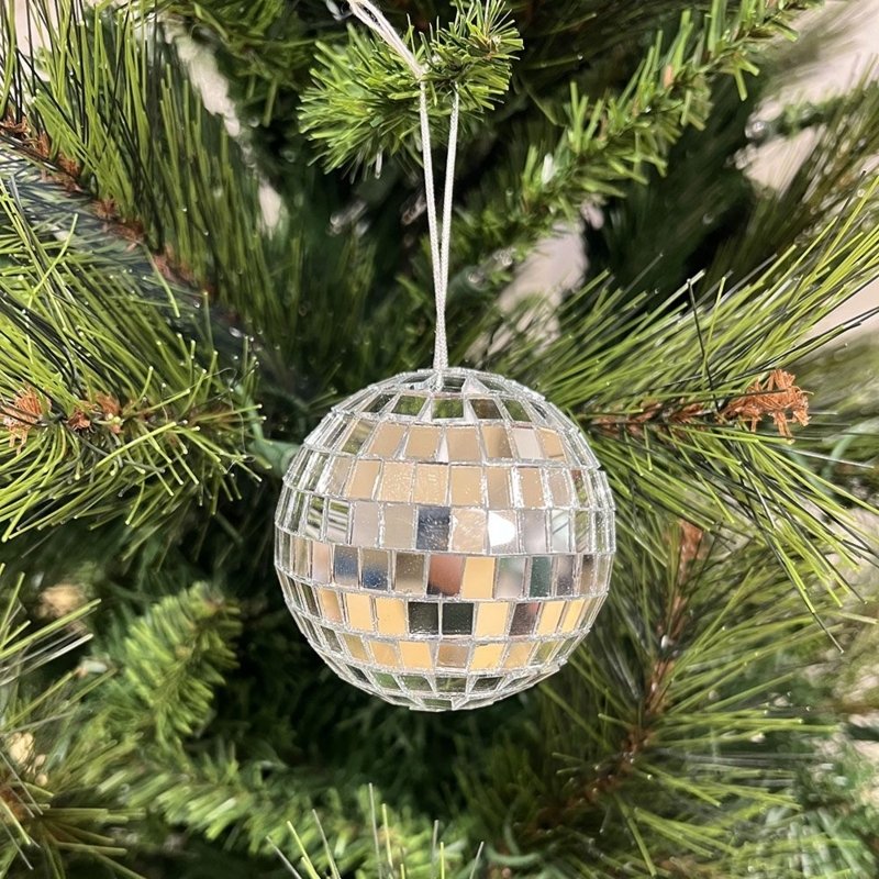 Silver Disco Ball Ornament with Mirrored Facets for Retro Glam Decor