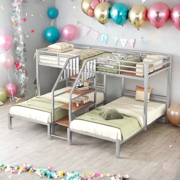 Silver Metal L-Shaped Triple Bunk Bed with Corner Shelves
