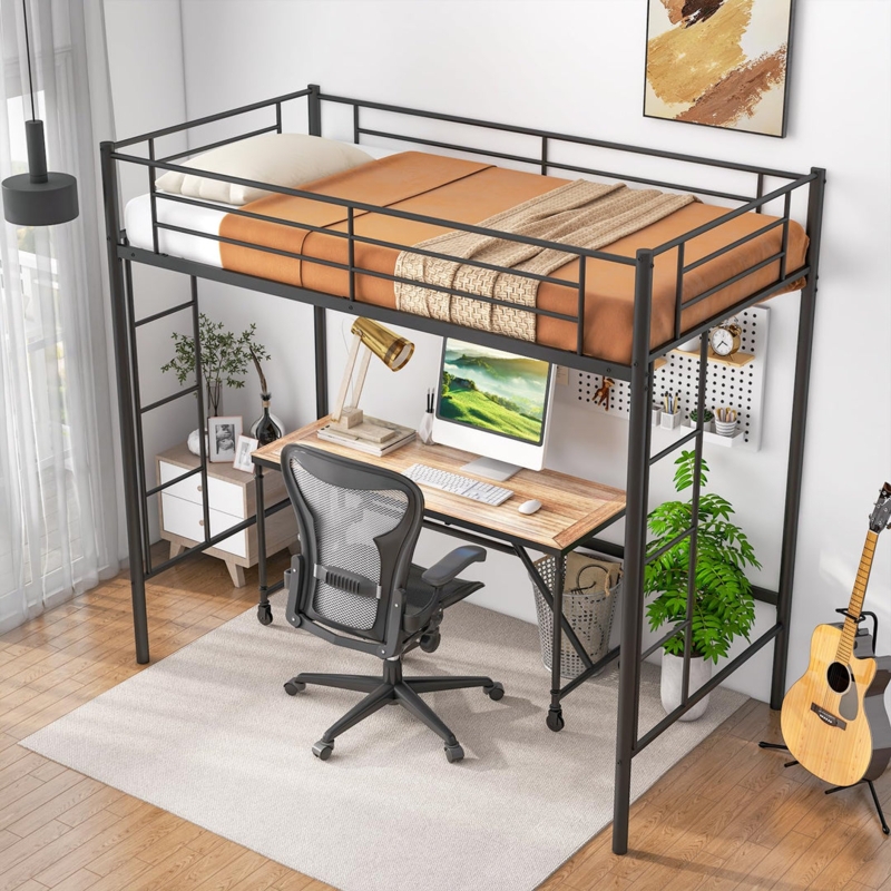 Silver Metal Twin Loft Bed Frame with Dual Ladders