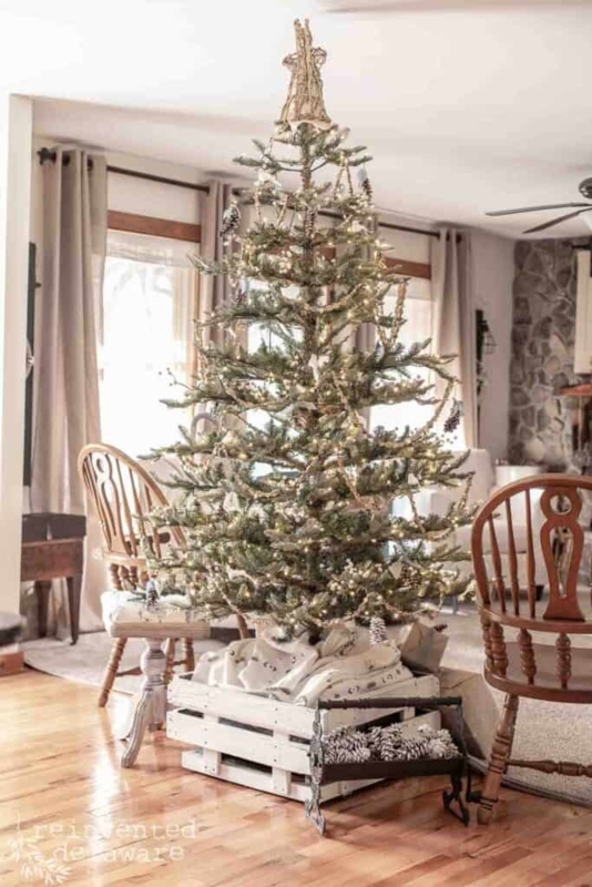 Simple Rustic Christmas Tree in Woven Basket Base with Neutral Decor