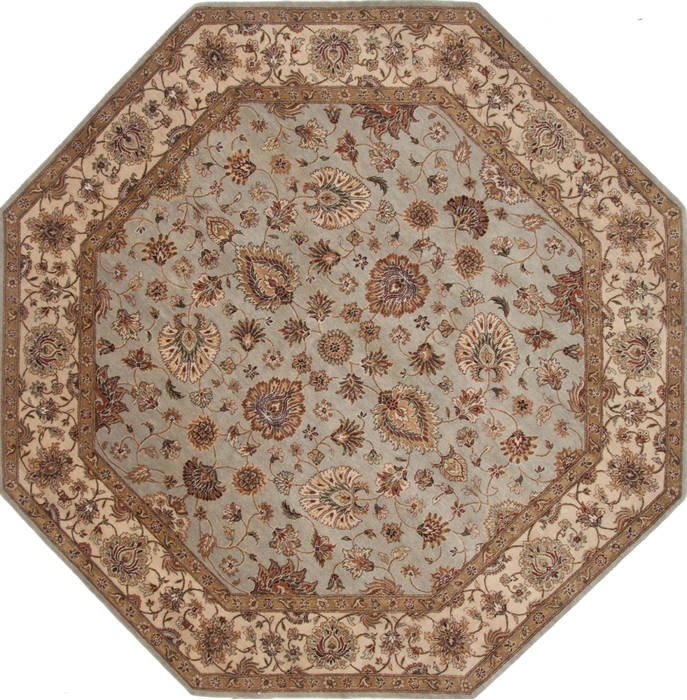 Sky Blue Octagon Rug Layout with Traditional Floral Wool Pile