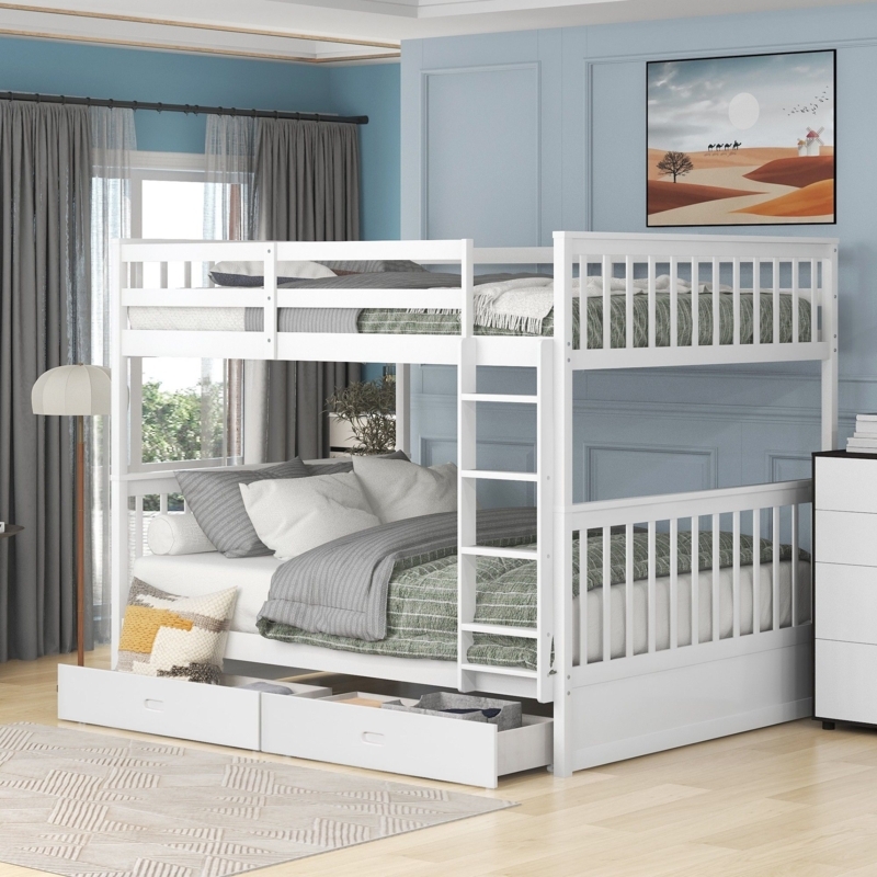 Slanted Ladder Full Over Full Bunk Bed with Underbed Storage Drawers