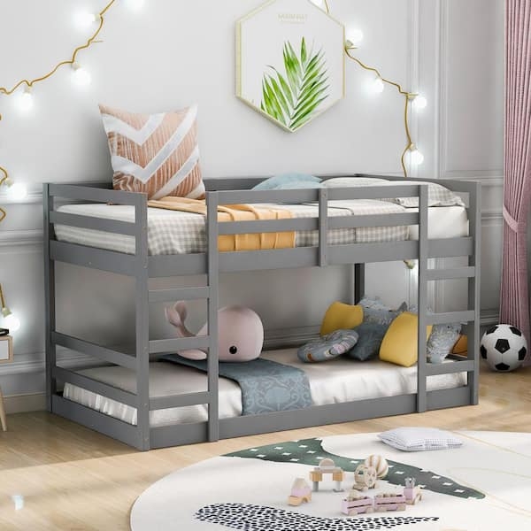 Slate Finish Bunk Bed with Dual Built-In Ladders and Slat Design