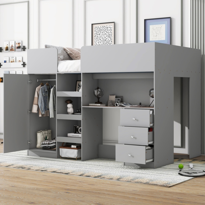 Slate Gray Full Size Loft Bed with Shaker Wardrobe and Built-in Desk