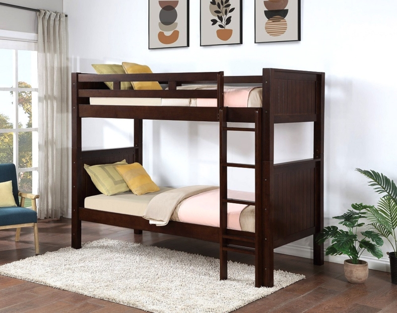 Slatted Dark Wood Bunk Bed with Integrated Ladder