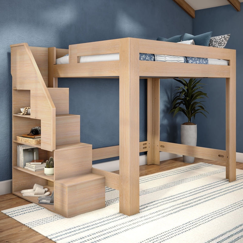 Slatted Queen Loft Bed Integrated Staircase with Guardrails