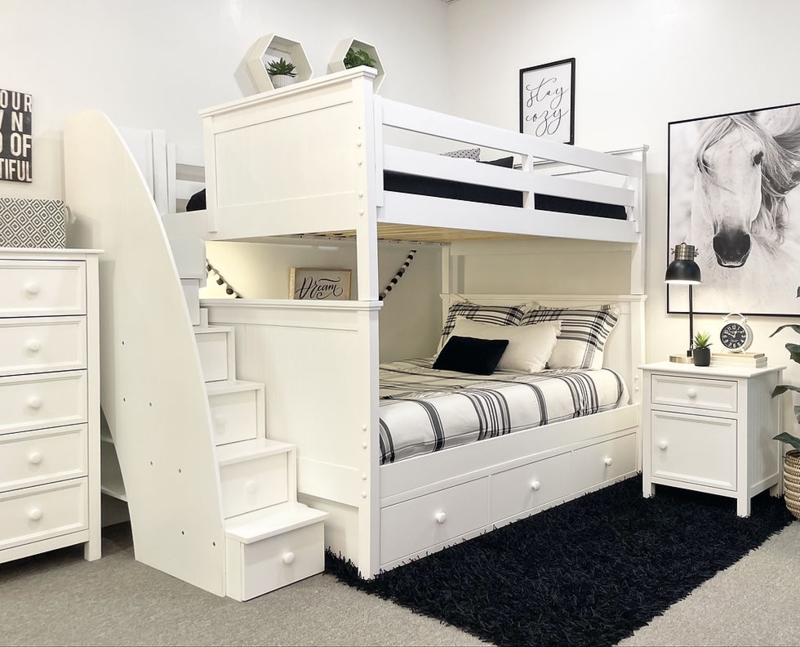 Slatted White Full Over Full Bunk Bed with Integrated Ladder