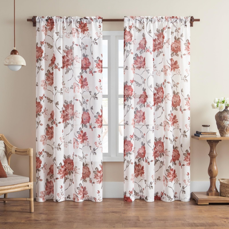 Slub Texture Curtains Red Floral Print Linen Like Modern Traditional