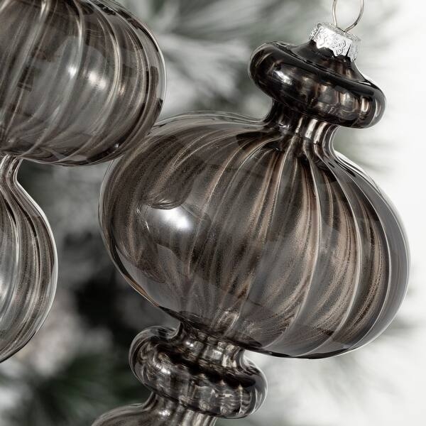 Smokey Grey Glass Finial Ornaments featuring Modern Ribbed Texture
