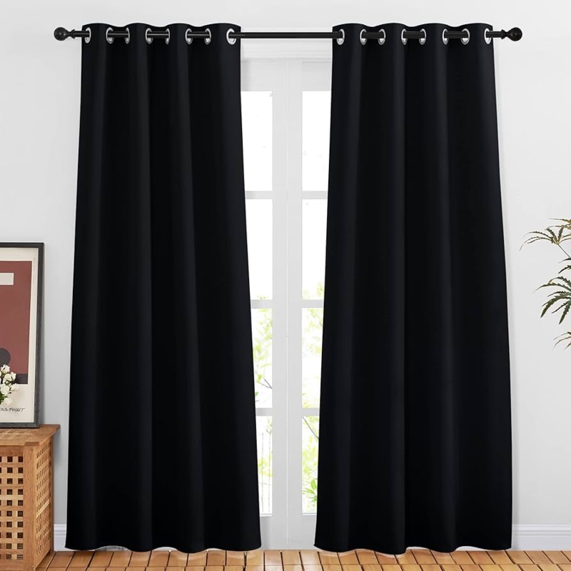 Solid Black Curtain Panels Grommet Blackout Modern Drapes