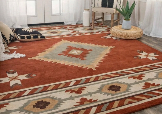 Southwestern Area Rug featuring Rust and Navy Geometric Pattern