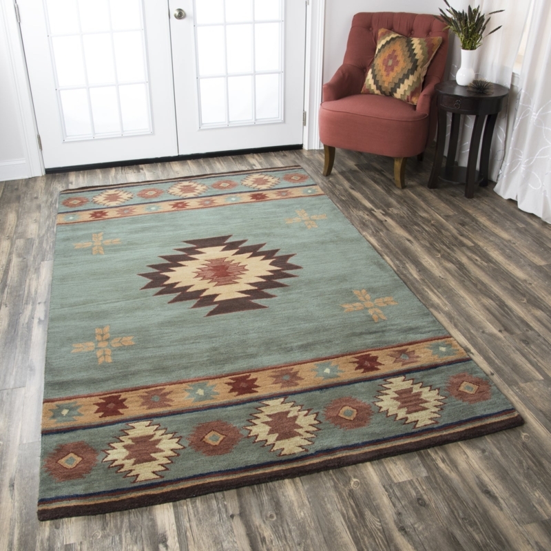 Southwestern Area Rug in Muted Blue and Gray Geometric Motif