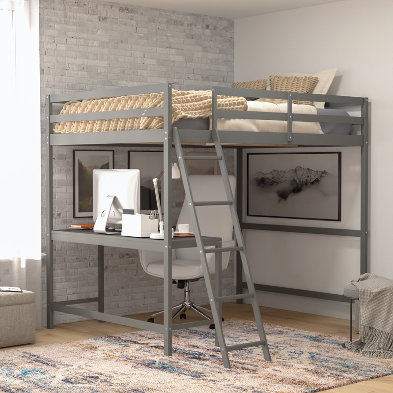 Space-Saving Full Size Loft Bed with Slanted Ladder, Integrated Desk