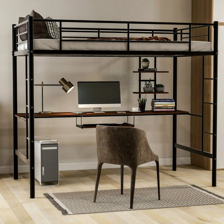 Space-Saving Loft Bed with Desk, Shelves, and Keyboard Tray
